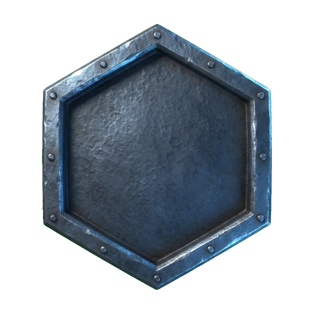 Iron tier badge — hex iron shield with riveted bevel