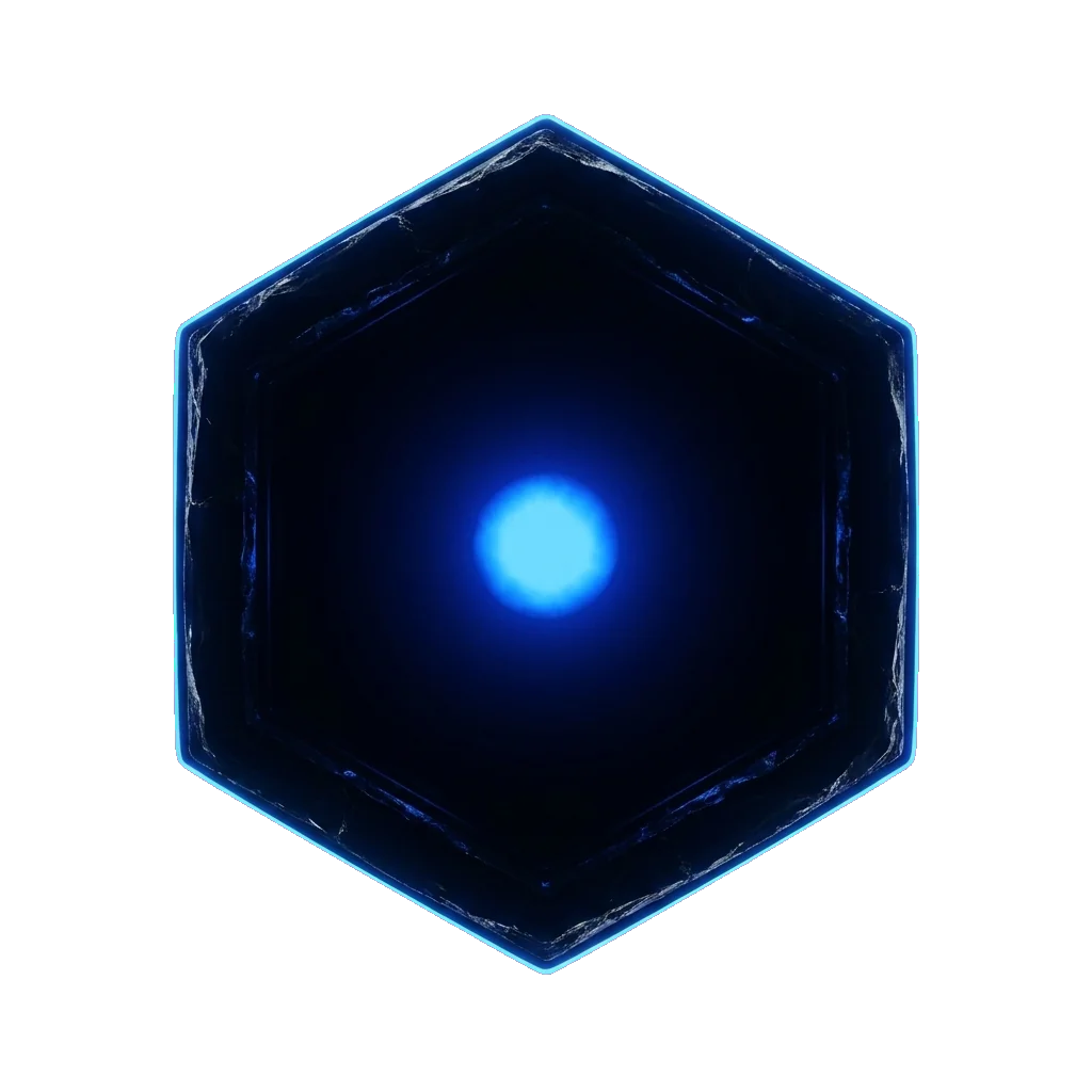 Obsidian tier badge — volcanic glass hex with internal blue ember